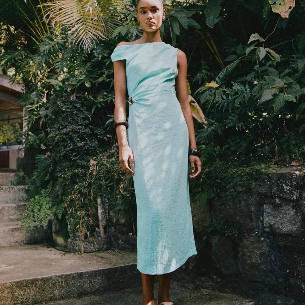 NWT SIZE M ASYMMETRIC LINEN MIDI DRESS WITH APPLIQUÉ TURQUOISE 8735/383/402 ZARA
